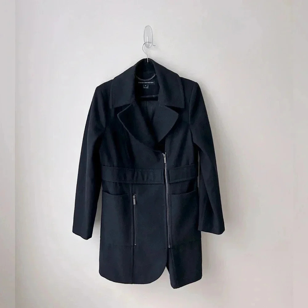 French connection navy blue long wool blend  moto jacket coat